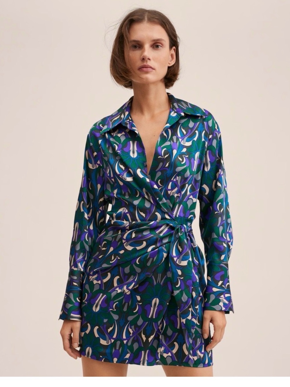 Mango Silk-Blend Floral Print Wrap Tunic in Green, Blue & Purple